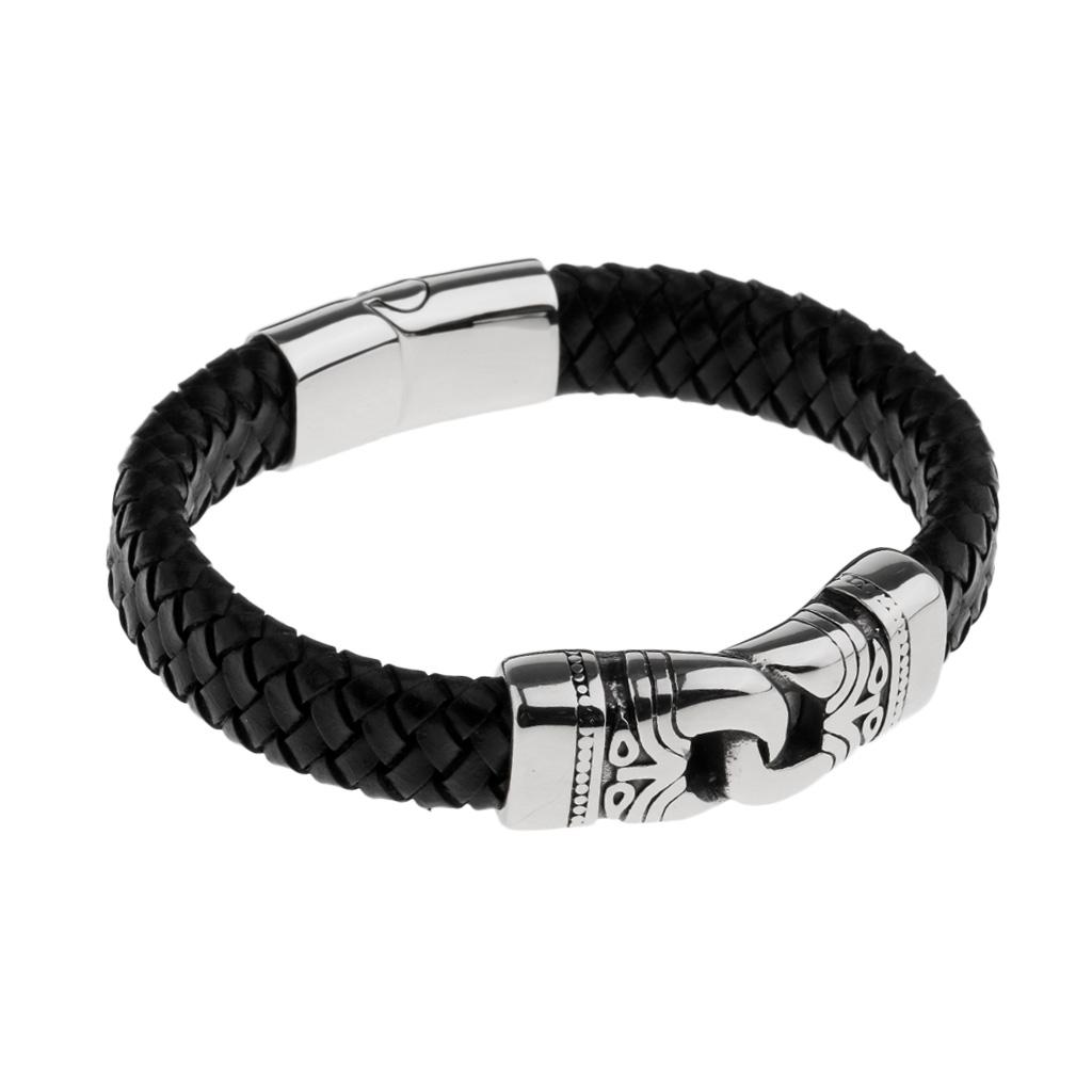 Stainless Steel Braided Leather Bracelet for Men Bangle Wrap Clasp