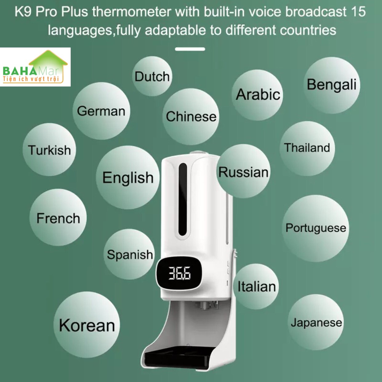 MÁY TÍCH HỢP 2 TRONG 1 ĐO NHIỆT ĐỘ VÀ PHUN CẢM ỨNG RỬA TAY KHỬ TRÙNG TỰ ĐỘNG K9Pro Plus "BAHAMAR" Tự động đo nhiệt độ và phun nước rửa tay diệt khuẩn hiệu quả tránh lây nhiễm chéo