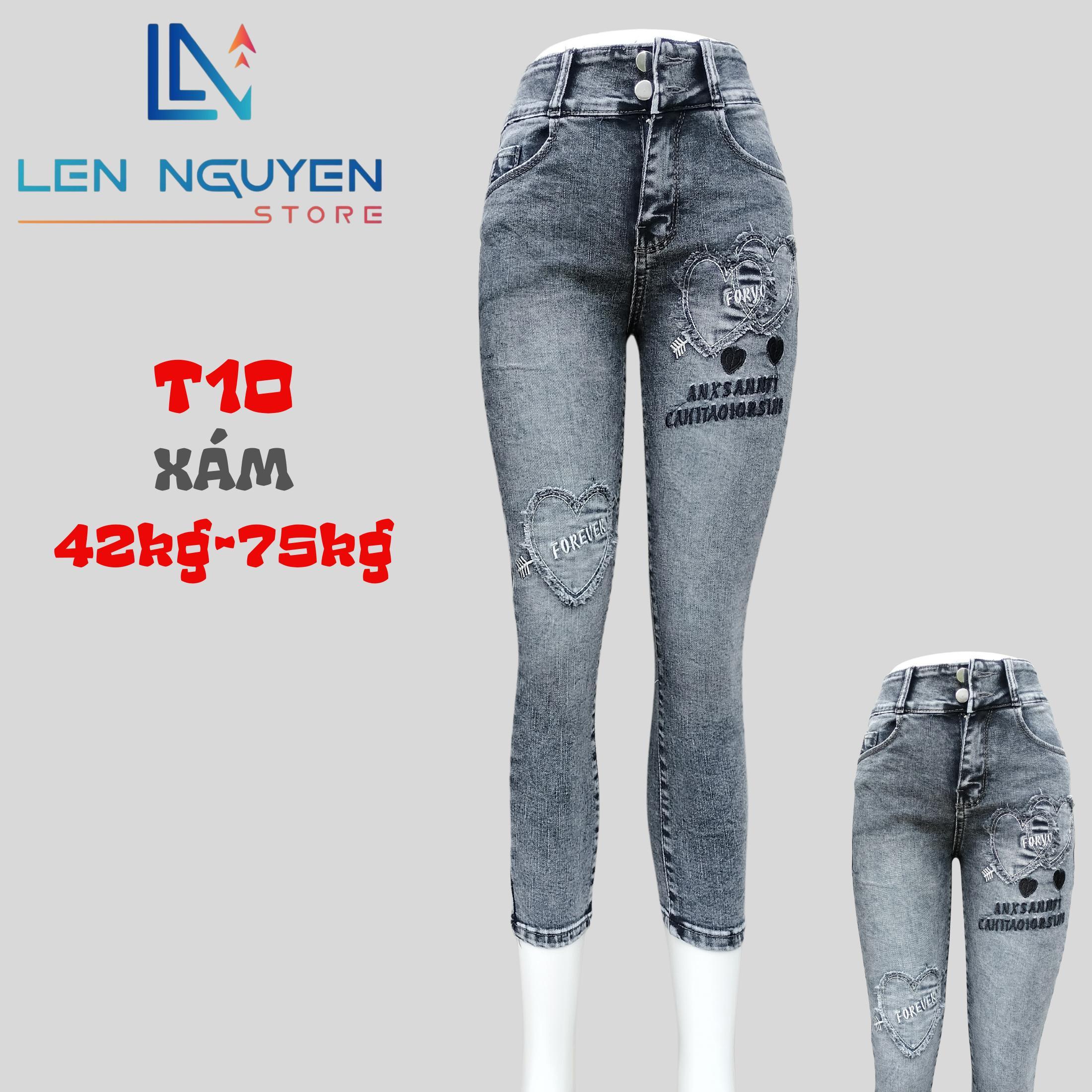 T10_Quần jean nữ, 9 tất, lưng cao, quần bò nữ dáng ôm, quần rin nữ có big size, cho 42kg đến 75kg - Xám