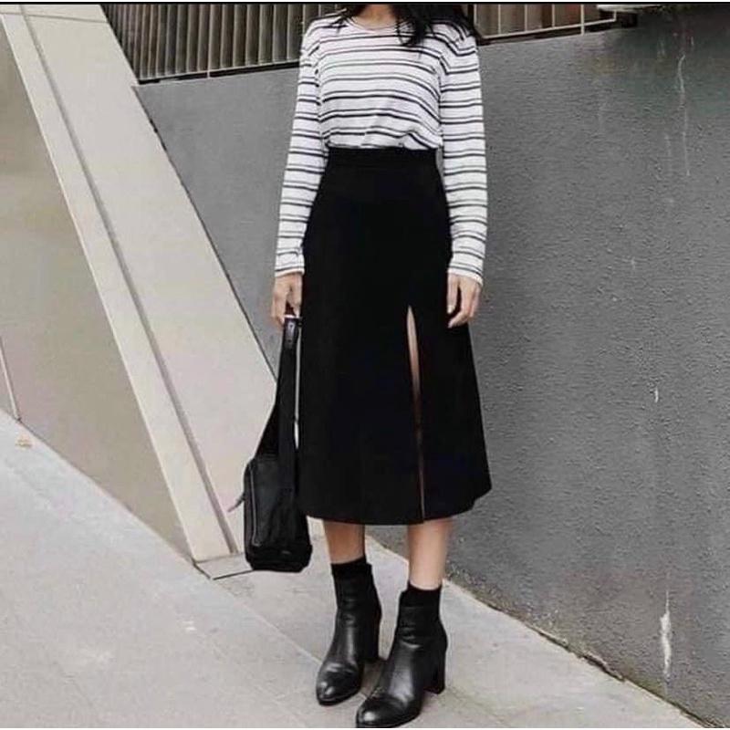 Chân váy đen midi xẻ tà
