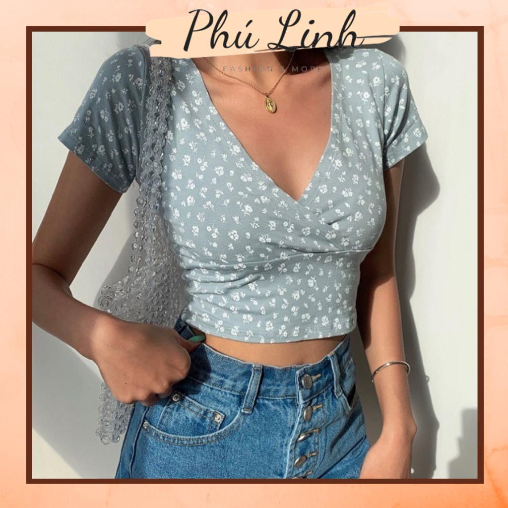 MS07 Áo thun nữ hoa nhí croptop cổ tim