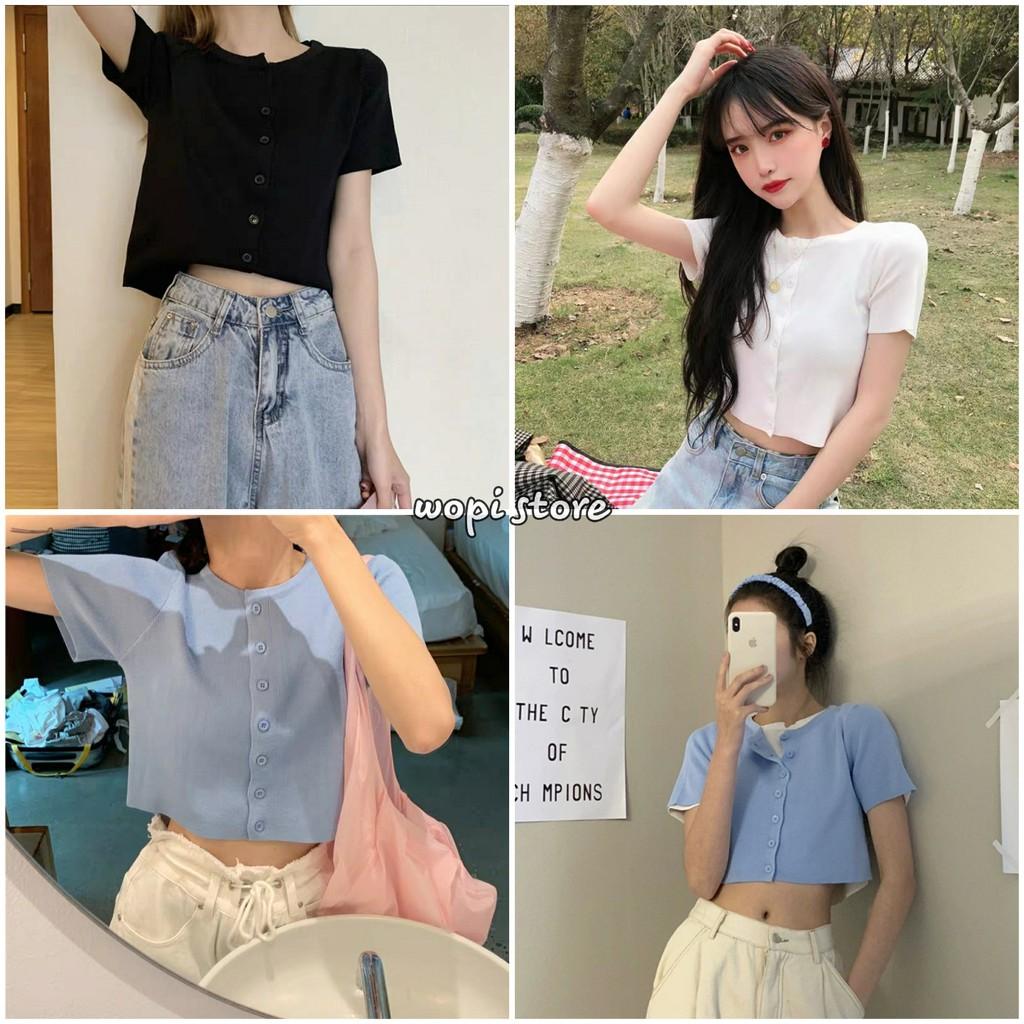Áo Croptop Cổ Tim UMI Tay Ngắn Phối Nút Ulzzang (3 Màu) - D11