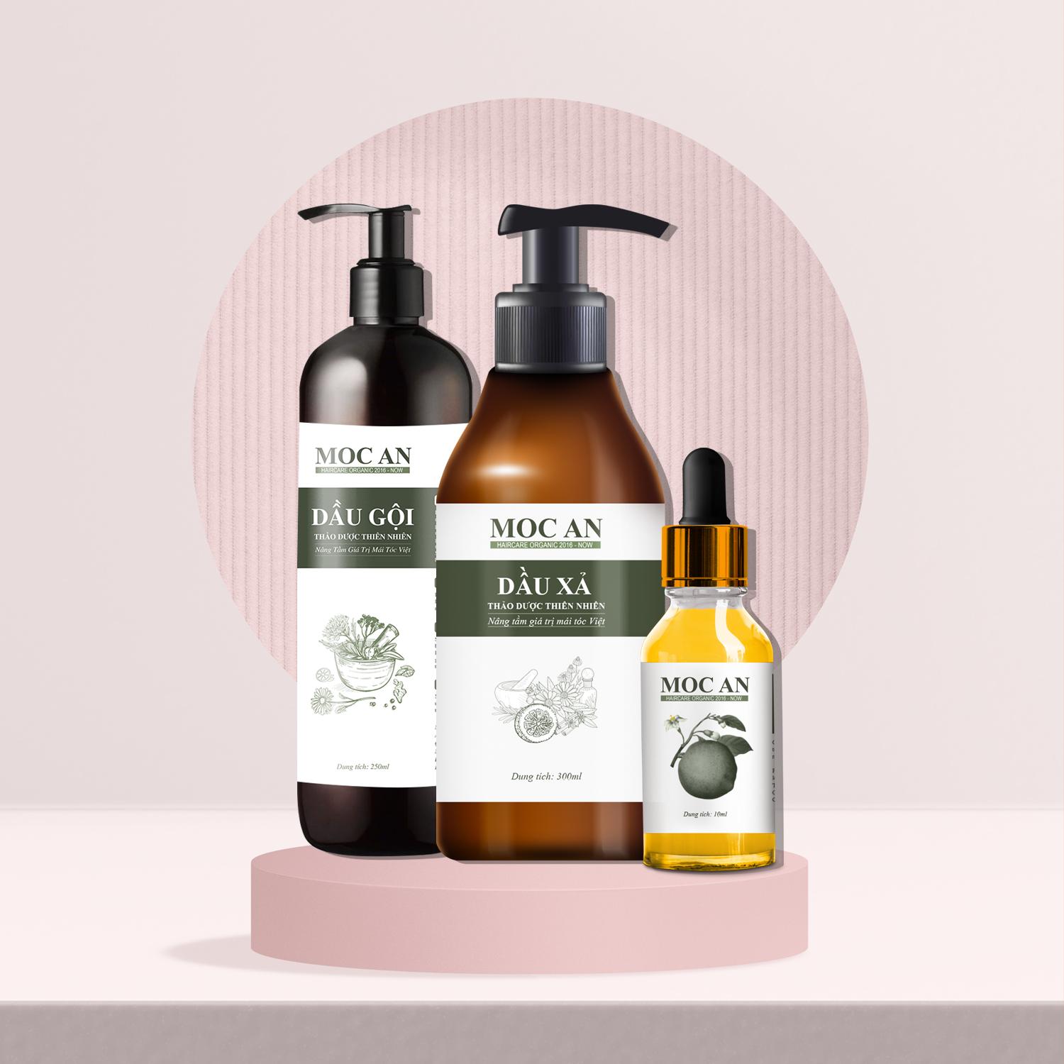 Combo Dầu Gội & Dầu Xả Thảo Dược, Chai Serum Tinh Dầu Bưởi Mộc Ân Haircare
