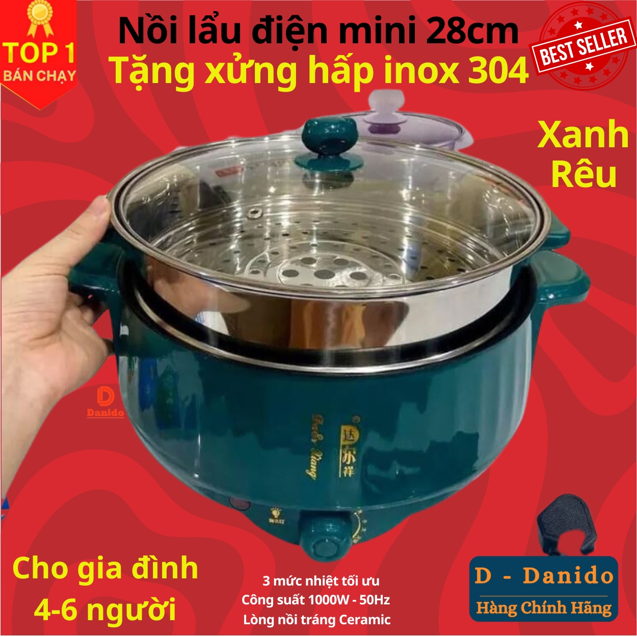 Nồi lẩu điện đa năng 28cm, Ceramic vân đá chống dính công suất 1000W tiện dụng 3 nấc nhiệt - Tặng Xửng Inox D Danido