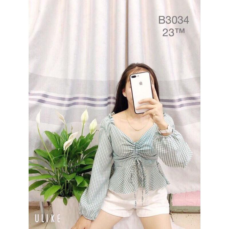 Áo Kiểu Nữ Sọc Cổ V Gia Công Tay Phồng Gợi Cảm (4 màu lựa chọn)
