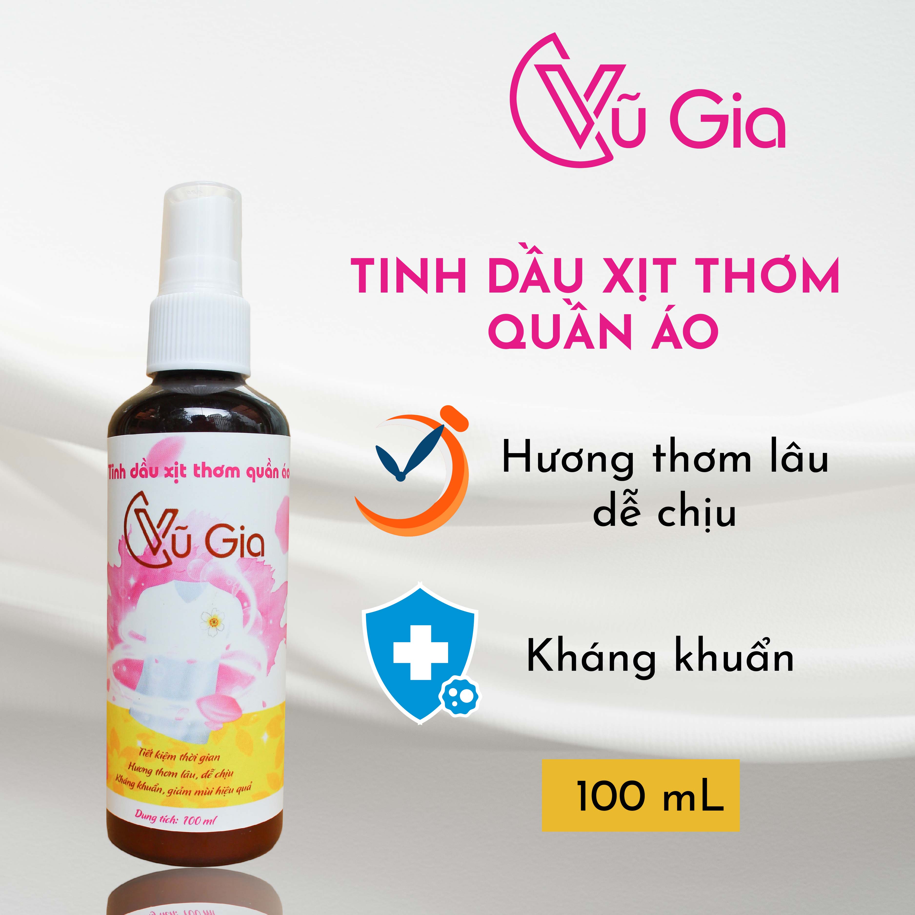 Xịt thơm quần áo cao cấp Vũ Gia | Lưu hương lâu, khử mùi ẩm mốc, mồ hôi cơ thể (100ml)