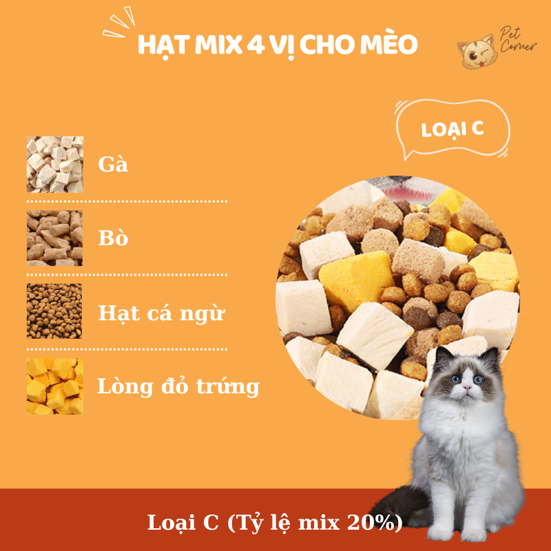 Hạt mix cao cấp cho mèo trộn thịt bò, gà, tôm, cá, lòng đỏ trứng, rau củ quả - Thức ăn hạt cho mèo kén ăn