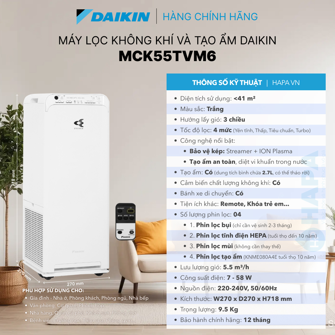 Máy Lọc Không Khí Tạo Ẩm DAIKIN MCK55TVM6 Công nghệ HEPA, Streamer &amp; ION PLASMA - Hàng Chính Hãng DAIKIN