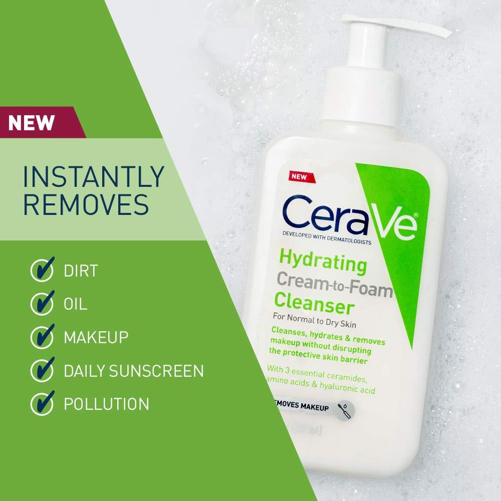 Sữa Rửa Mặt Tẩy Trang Cerave Hydrating Cream to Foam Cleanser cho da khô, loại bỏ makeup