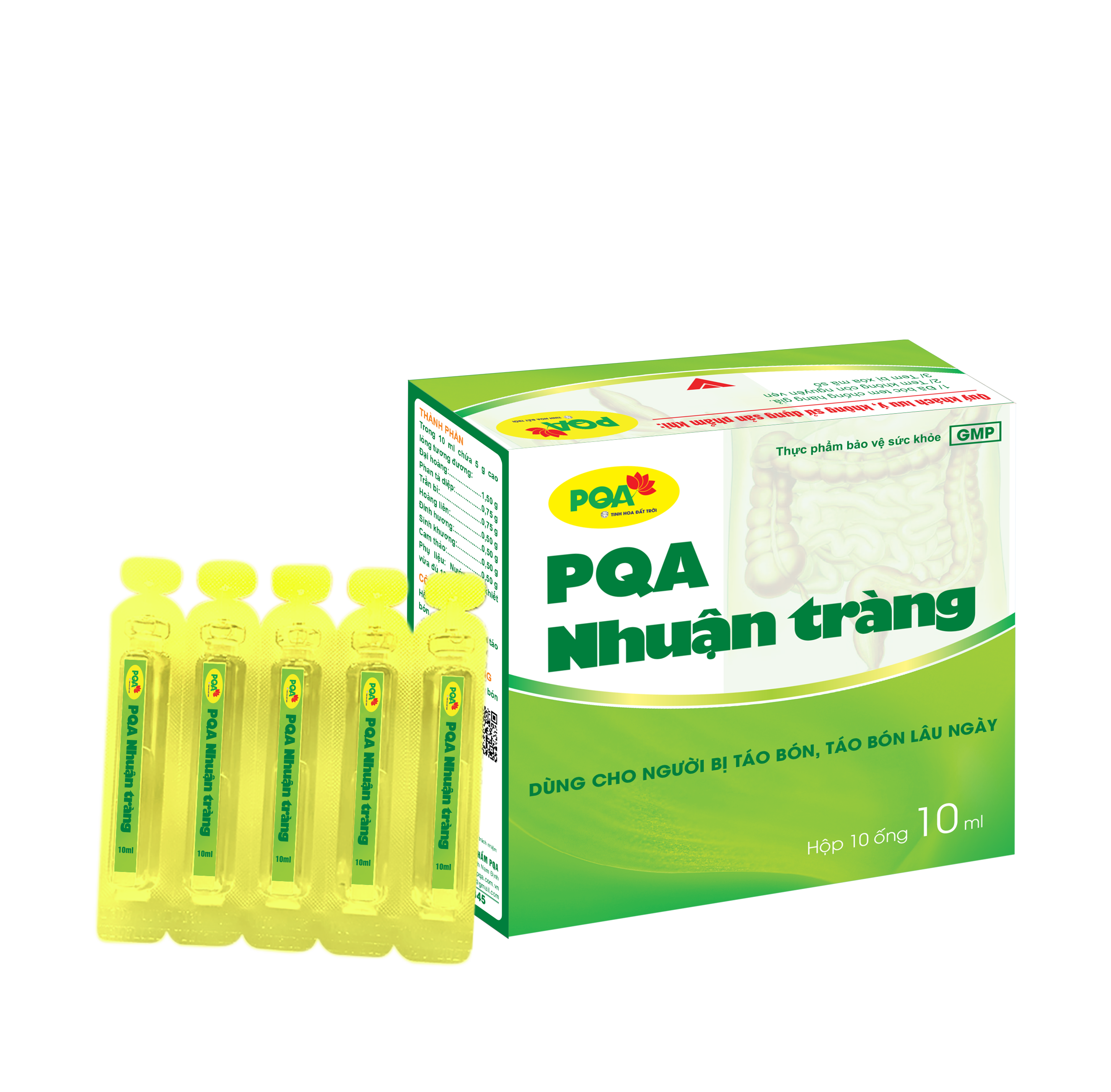 PQA Nhuận Tràng dạng ống là dược phẩm thảo dược có tác dụng nhuận tràng dùng cho người lớn và trẻ em trên 6 tuổi bị táo bón, táo bón lâu ngày.