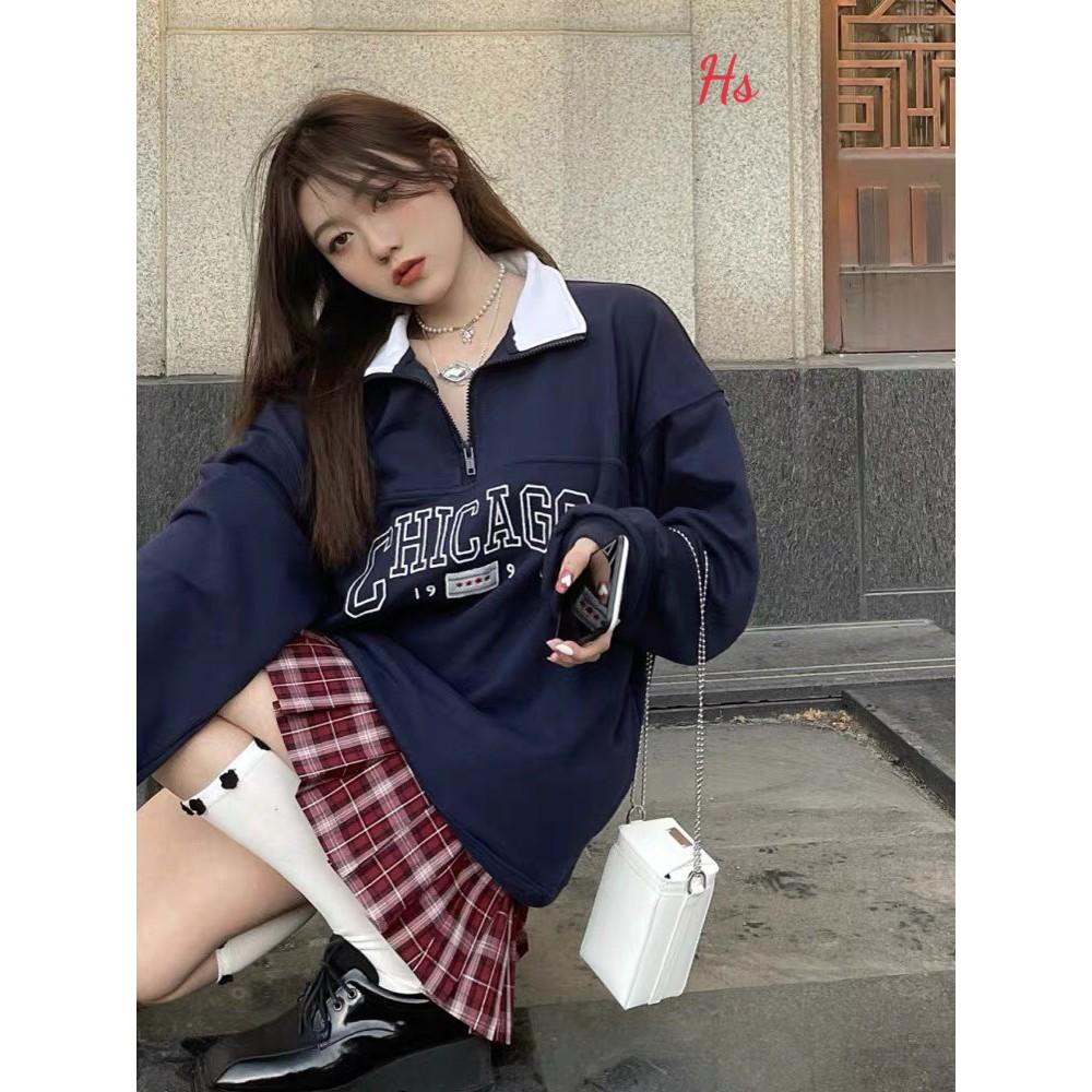 Áo Sweater Nỉ Hàn Quốc Unisex Cổ Khóa CGO Cực Chất  Áo Thun Nam Nữ Dài Tay Cổ Bẻ