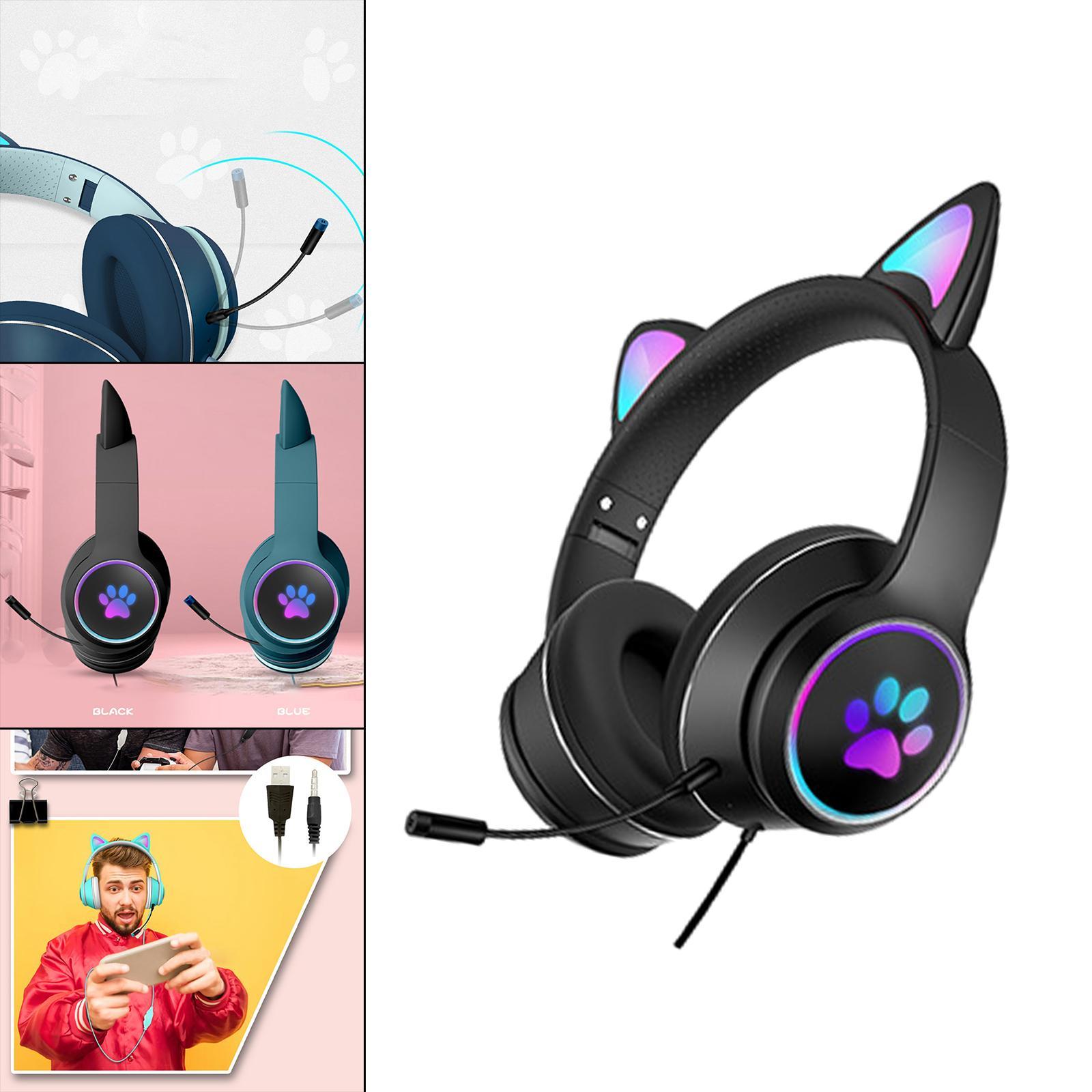 2 Pcs Cat Ear Wired Over-Head Headset RGB Light for PC Noise Reduction