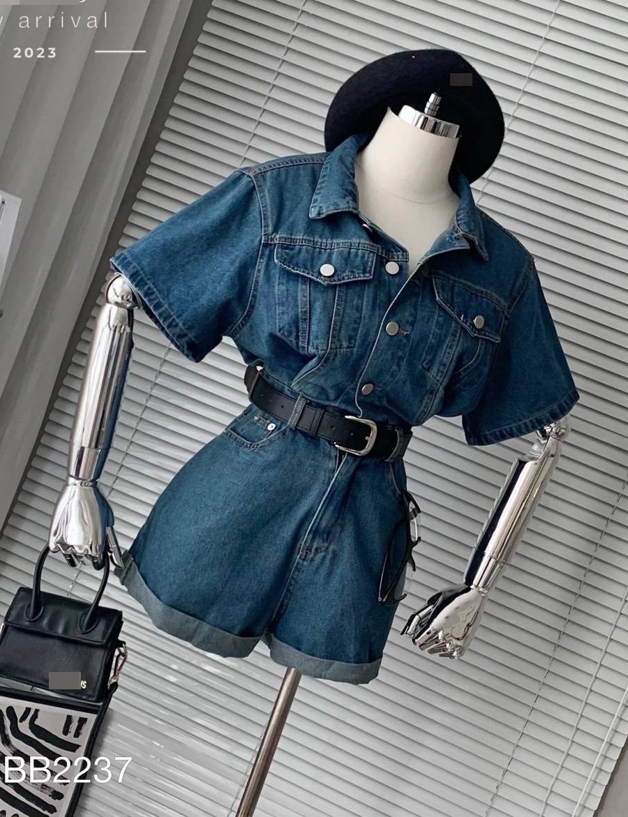 JUMPSUIT NGẮN ĐỒ BAY QUẦN ỐNG RỘNG SUÔNG TRƠN CỔ SƠ MI JEANS PLAYSUITS DENIM BO EO ĐI CHƠI ĐI PHƯỢT DẠO PHỐ  ĐI BIỂN