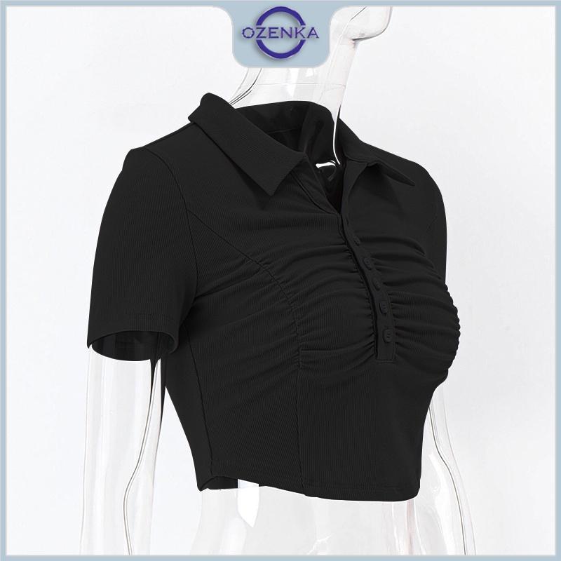 Áo croptop polo cài khuy nhún giữa cộc tay nữ ozenka ,áo thun crt ngắn vạt bầu kiểu màu đen trắng mặc đi học đi chơi