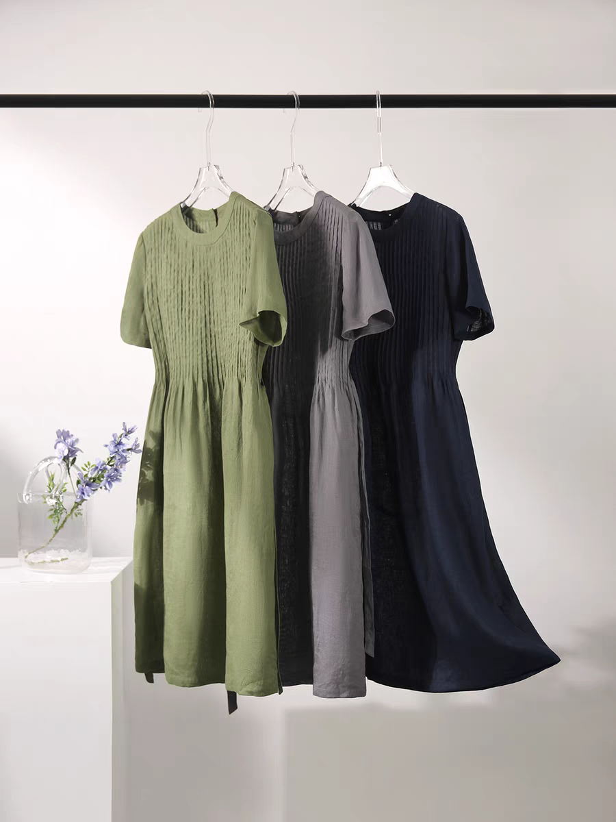 Đầm Linen suông nữ ngắn tay, dáng dài suông kèm đai eo rời, phong cách nữ retro Đũi Việt