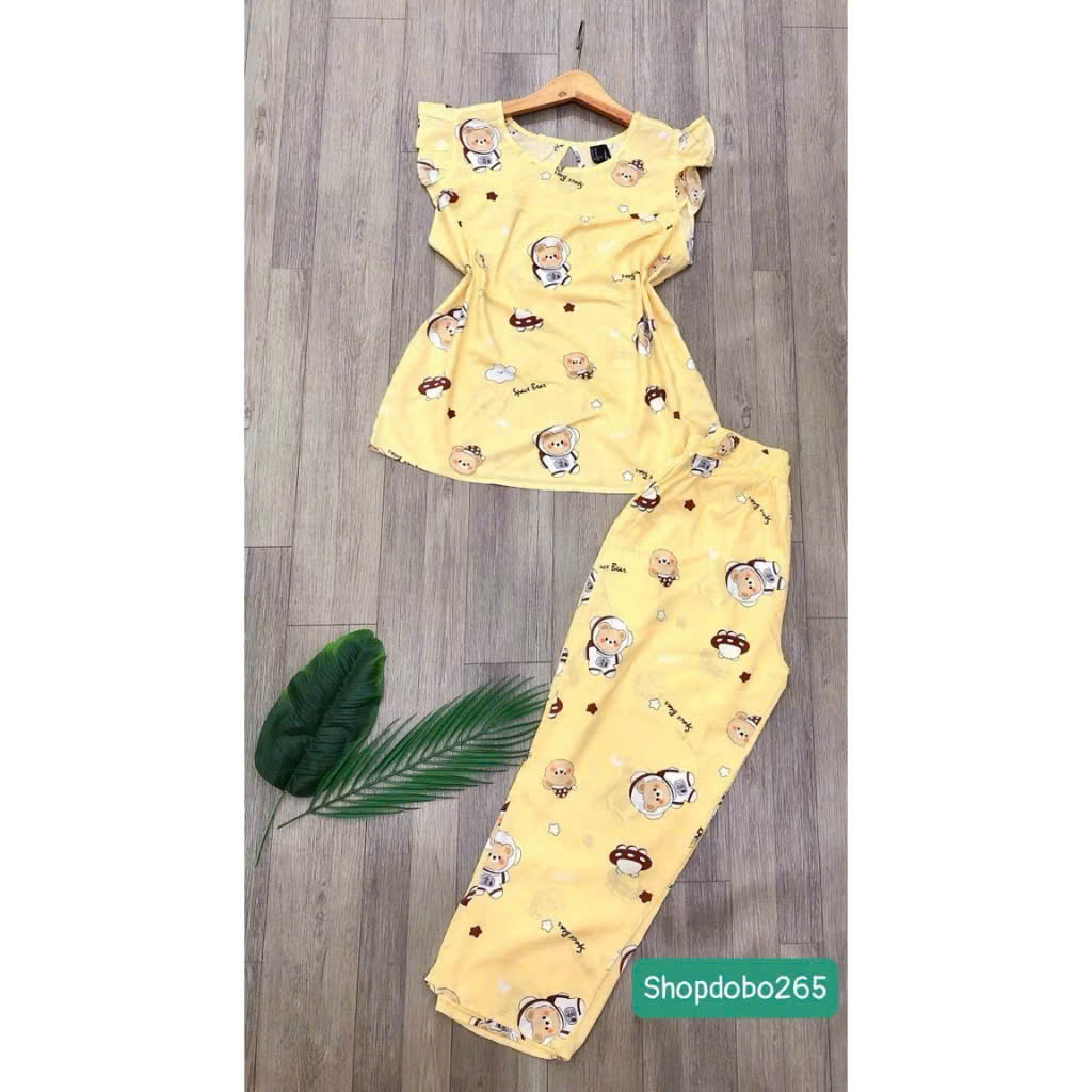 Đồ bộ nữ,đồ ngủ mặc nhà lửng 9 tấc tay cánh tiên vải lanh BL 52 họa tiết dễ thương size 51-70kg