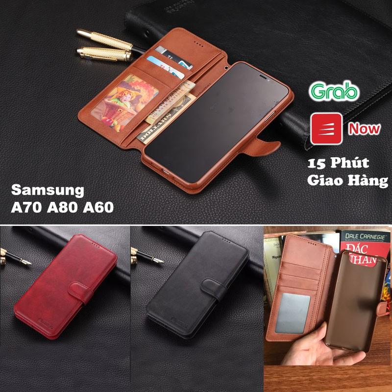 Bao da ốp lưng dành cho Samsung A70 A80 A60 kèm ví gập nắp da thật mềm mịn - azns
