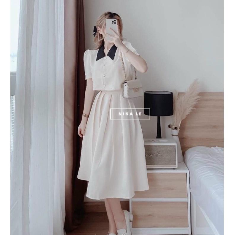 Sét áo nền trắng cổ v viền đen kèm chân váy trắng dáng dài thời trang nữ mùa hè
