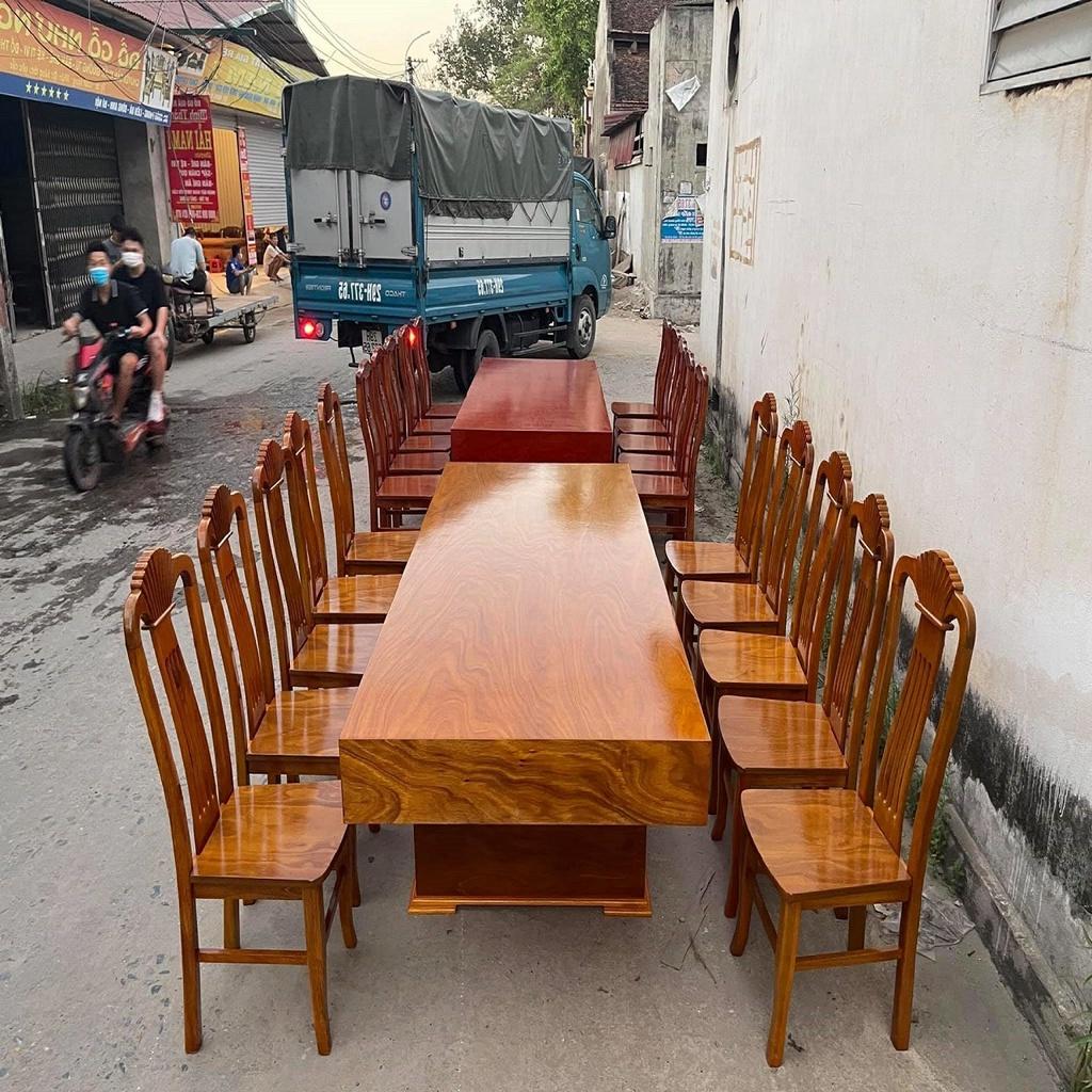 Bộ Bàn Ghế Ăn 10 Ghế Xẻ Quạt Gỗ Cẩm Vàng