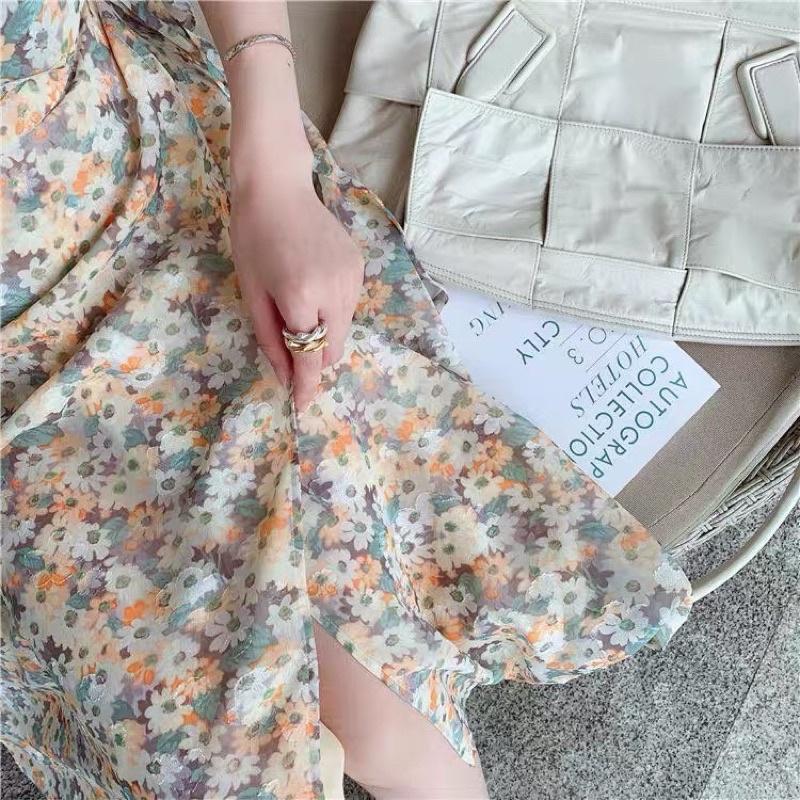 Váy Hoa Nhí Cổ V, Đầm Hoa Nữ Tay Bèo Dáng Dài Váy Vintage, Váy hoa maxi