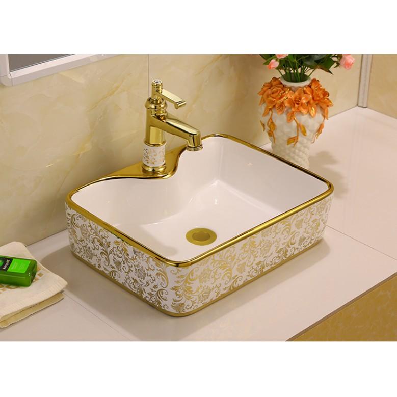 Chậu sứ lavabo vuông để bàn vân cổ điển màu vàng tuyệt đẹp