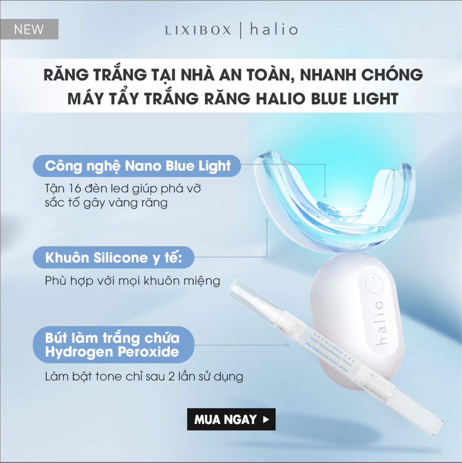 Combo Máy tăm nước cầm tay Cordless Oral Irrigator Và Máy Tẩy Trắng Răng Halio Blue Light Professional Teeth Whitening Enhancer