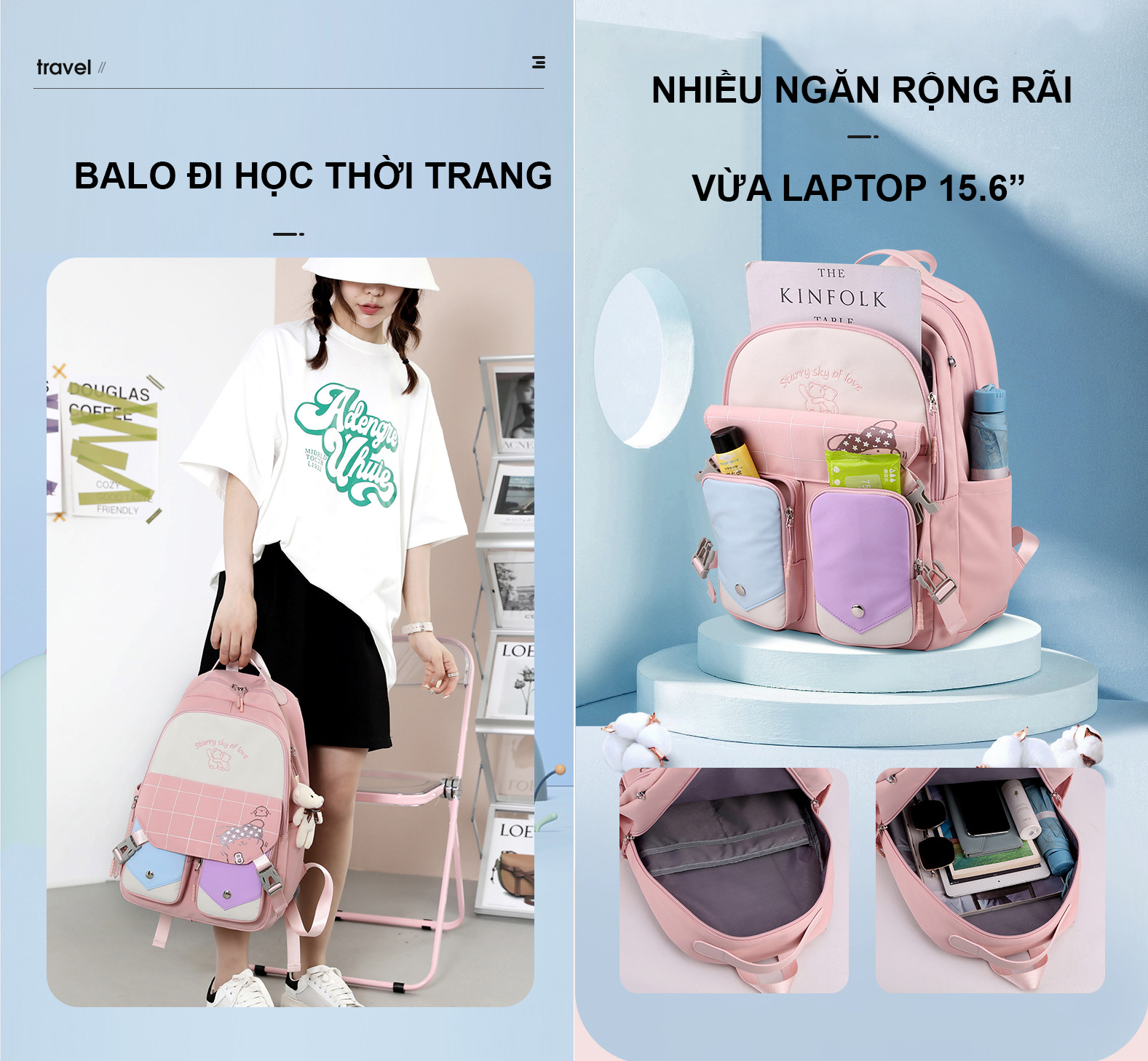 Balo đi học nữ thời trang ulzzang hàn quốc vải cao cấp nhiều màu pastel dễ thương đáng yêu đựng laptop 15.6 9496