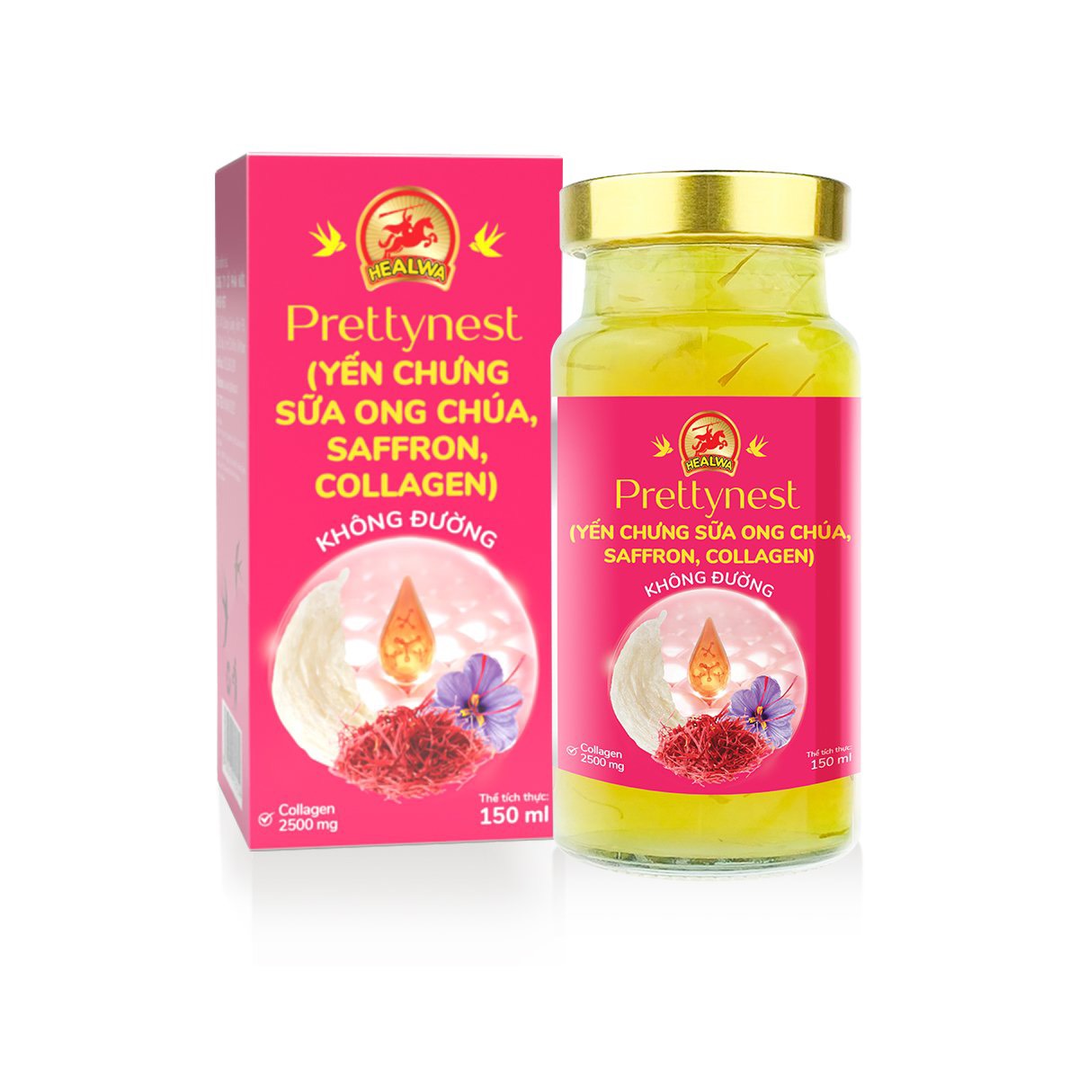 Hộp yến chưng sữa ong chúa Saffron Collagen Prettynest Healwa vị ngọt tự nhiên từ cỏ ngọt (1 hộp x 6 lọ x 150ml)