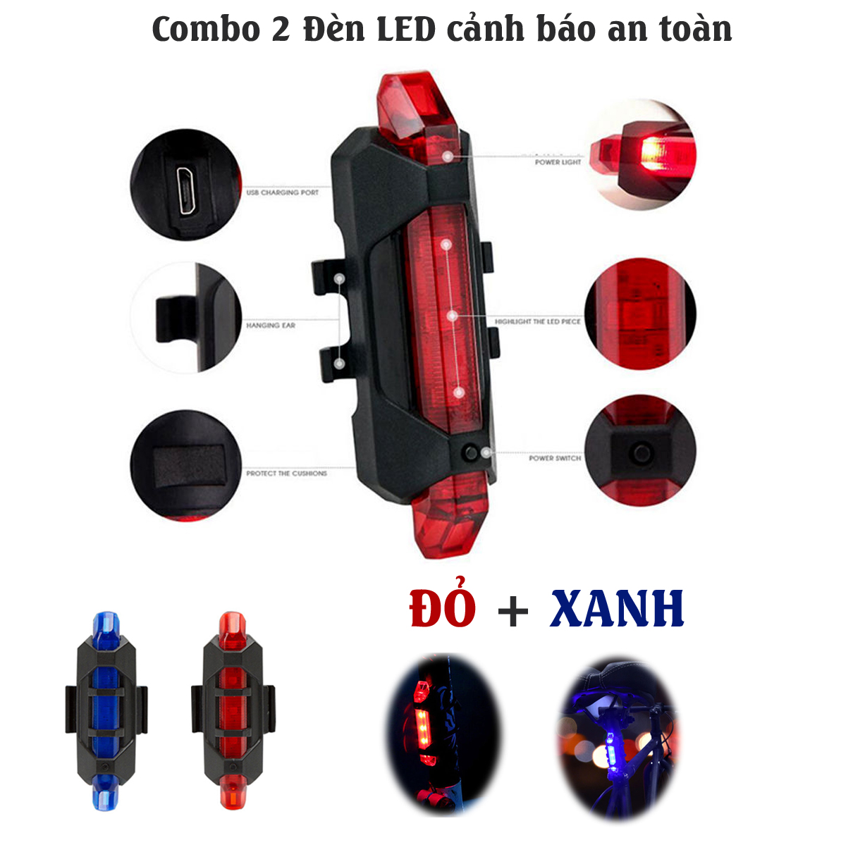 Bộ 2 Đèn LED Gắn Phía Sau Cảnh Báo Ban Đêm Có Sạc Điện USB Chống Nước Cho Xe Đạp Giúp Đạp Xe An Toàn 4 Chế Độ Sáng (Đèn Đỏ và Xanh) Mai Lee