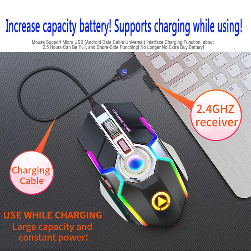 Chuột Chơi Game Sạc Không Dây Chuột Im Lặng 1600 DPI Thiết RGB LED Backlit 2.4G USB Thu Chuột Cho Máy Tính Laptop