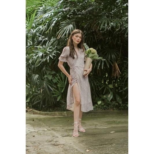 OLALASTUDIO Đầm voan cổ V hoa liti - Dai Wrap Dress