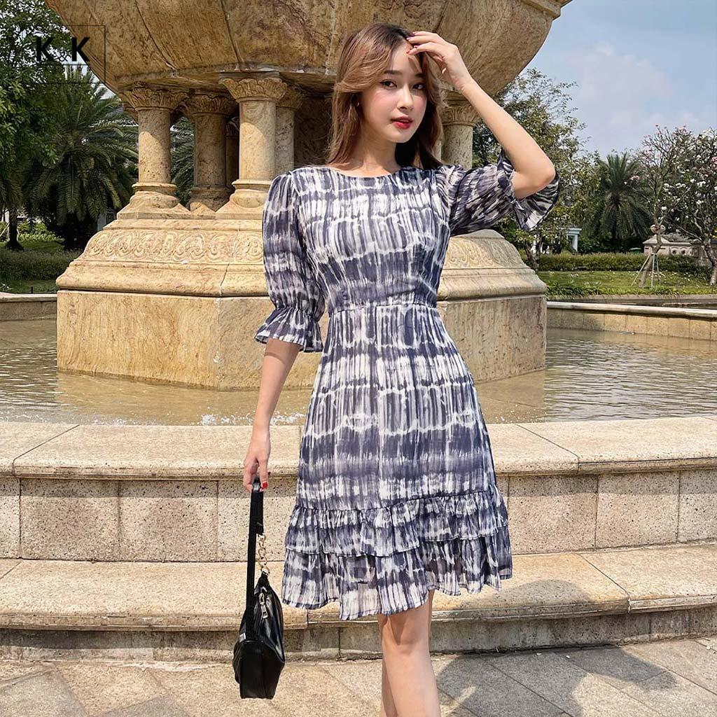 Đầm Đuôi Cá Họa Tiết Tay Lỡ Phối Bèo K&K Fashion KK119-36 Chất Liệu Voan Hàn