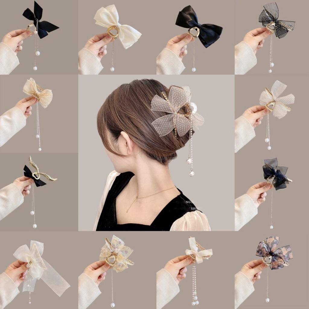 Kẹp tóc càng cua kim loại size lớn đính nơ và hạt châu xinh xắn dành cho bạn nữ