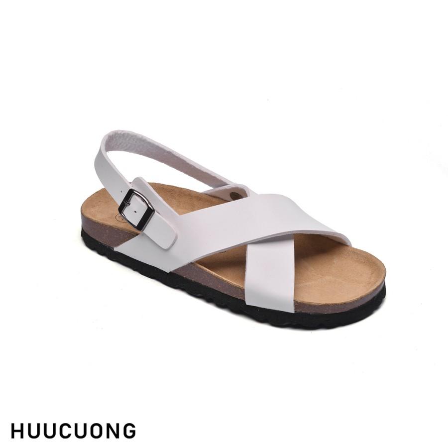 Giày Sandal nữ HuuCuong quai chéo trắng đế trấu handmade