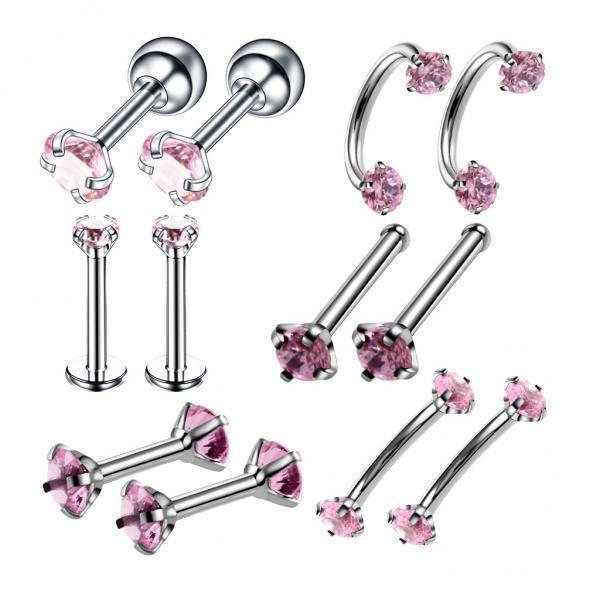 2-7pack 12pcs Stainless Steel Colored Zircon Lip Nose Nail Piercing Jewelry Pink