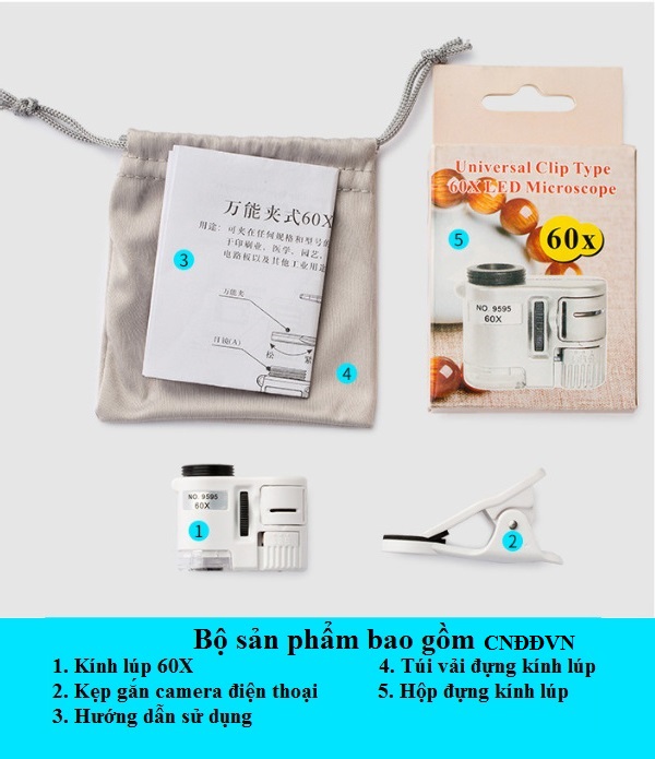 Kính lúp mini 60x tích hợp kẹp điện thoại có đèn led trợ sáng ( Tặng kèm miếng dán hình con bướm dạ quang phát sáng )