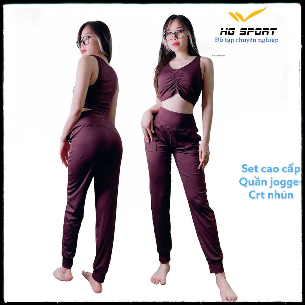 Bộ Đồ tập Yoga, Gym, Thể Thao nữ, Quần Tập Jogger Áo Croptop nhún sát nách Hàng Cao Cấp Hg Sport SD203