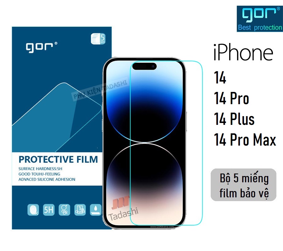 Miếng dán màn hình Gor Cho Iphone 14 Pro Max/ 14 Pro/ 14 Plus/ 14 Cảm ứng nhạy, Chống trầy xước, Hạn chế vân tay - Hãng Gor (5 miếng) - Hàng nhập khẩu