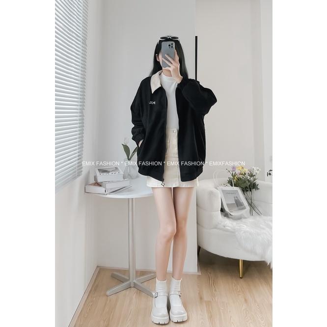 Áo khoác polo EMIX, áo mùa đông phối cổ nhung, dài tay, freesize dưới 60kg 954