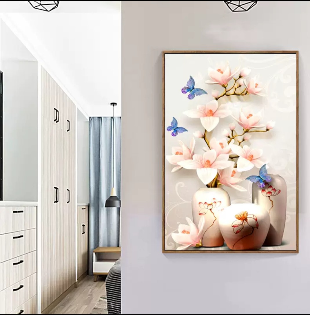 Tranh đính đá 5D cao cấp tự làm hình chậu hoa mộc lan sang trọng trang trí phòng khách 57x70cm