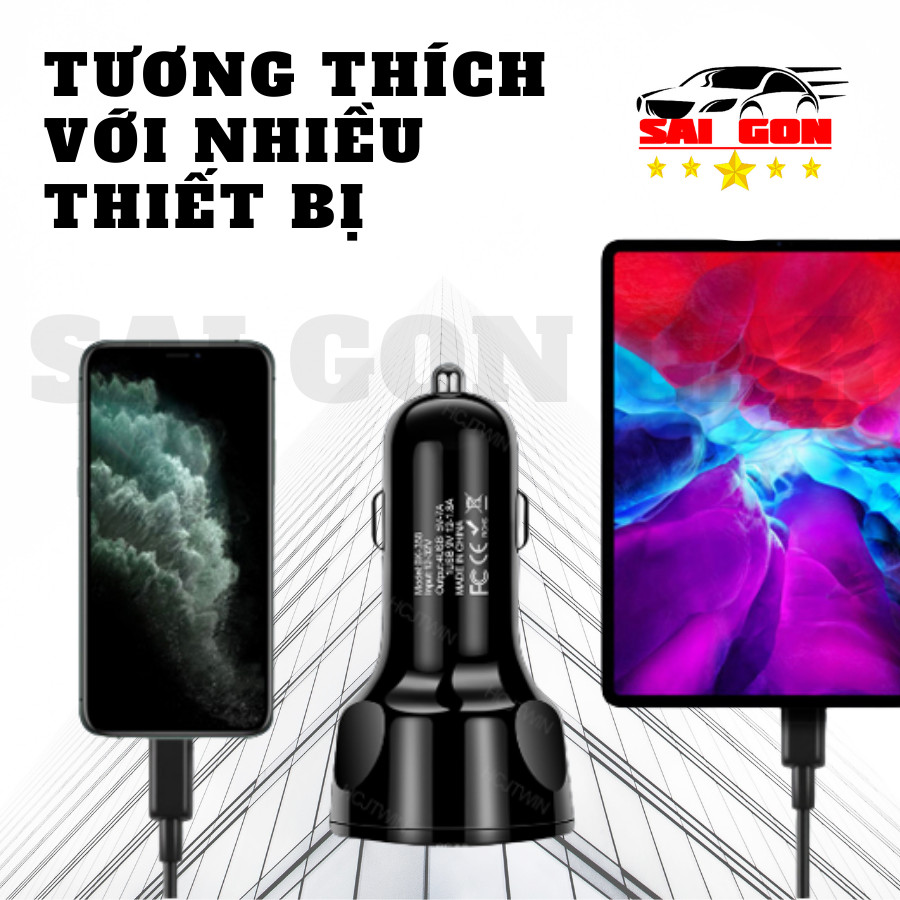 Tẩu sạc nhanh ô tô chia 4 cổng sạc, có tích hợp đèn led, hỗ trợ sạc nhanh QC 3.0, điện áp đầu vào 12V đến 32V