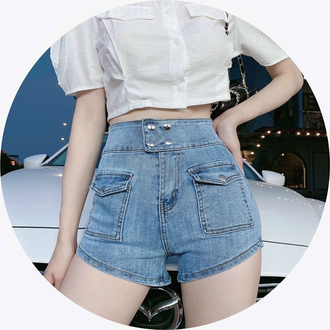 Quần short jean nữ BigSize lưng cao trên rốn, co dãn mạnh, 2 túi hộp nổi, dành cho người mập 3942 3944