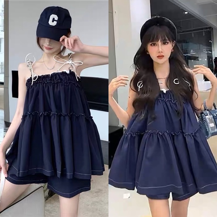 ĐẦM BABYDOLL SET ÁO 2 DÂY CỔ U SUÔNG RỘNG XÒE XẾP LY BÈO + QUẦN SHORTS NGẮN ỐNG RỘNG LƯNG THUN TRƠN MIDI DẠO PHỐ ĐI BIỂN ĐI CHƠI