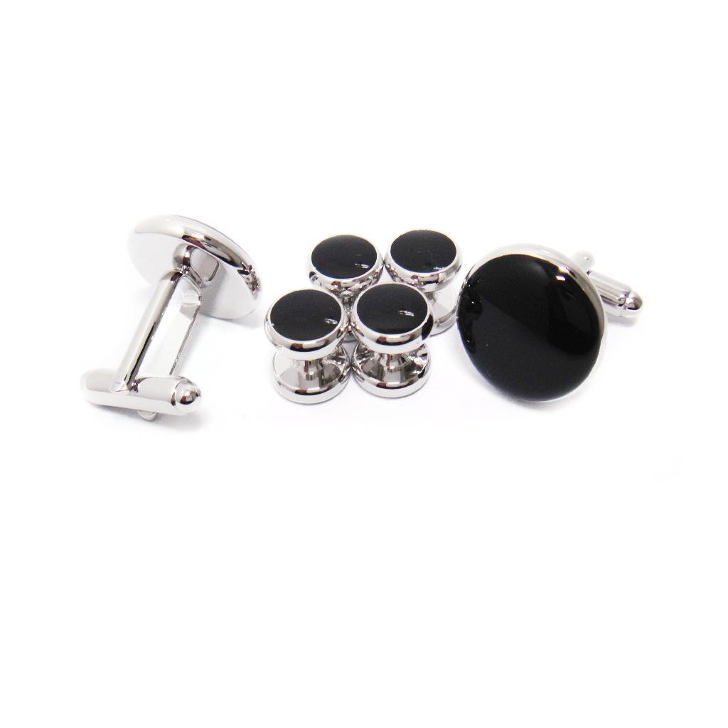 6 Pcs Men Fashion Formal Costume Shirt Black Round Cufflinks And Studs Set