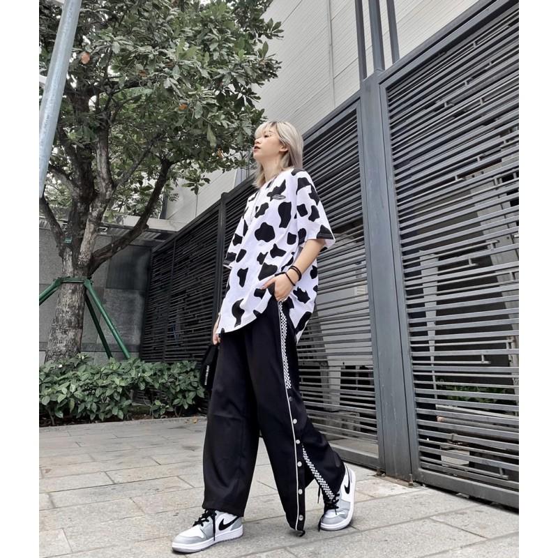 Áo thun cotton tay lỡ Unisex -- ÁO Loang Bò Sữa LOGO TAY LỠ Dáng Dài --Bống Store