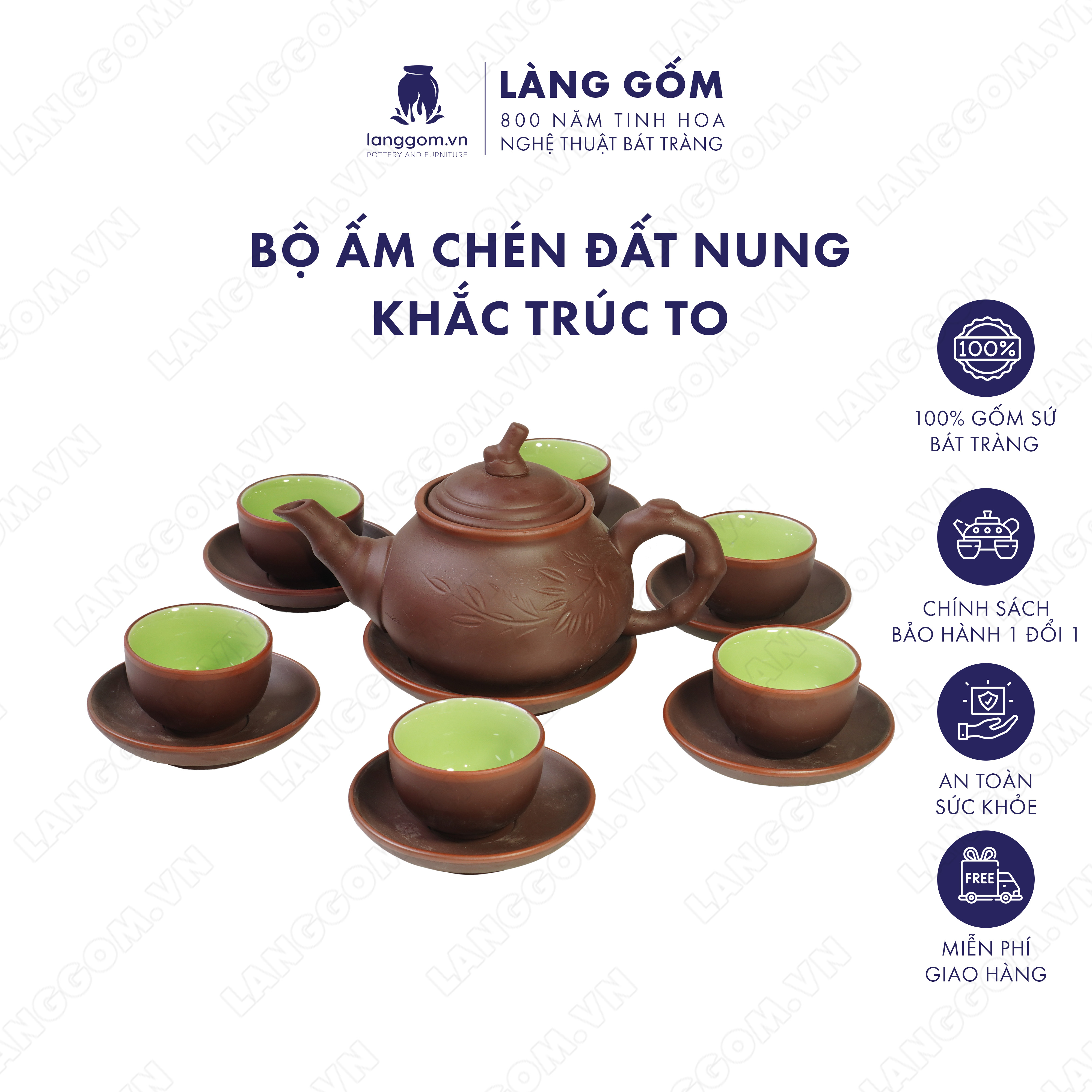 Bộ ấm chén đất nung khắc trúc to - Men mộc - Gốm sứ Bát Tràng - langgom.vn