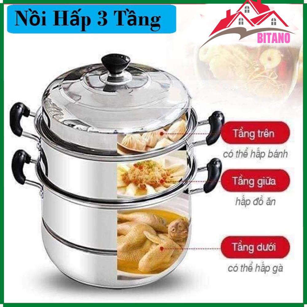 Nồi Hấp 3 Tầng BITANO Inox Cao Cấp - Nồi Hấp Cách Thuỷ Đa Năng Tiện Dụng Cho Mọi Nhà Bếp Nồi Hấp, Nồi Luộc Gà 3 Tầng Tiện Lợi