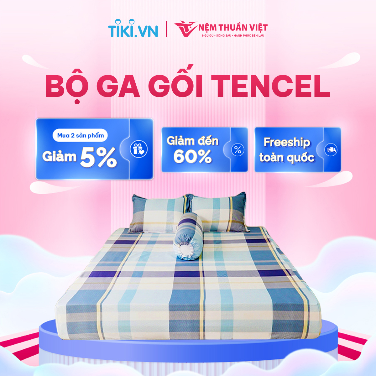 Bộ Ga 4 Món Tencel Thuần Việt - Bộ sản phẩm gồm 2 vỏ gối nằm, 1 vỏ gối ôm, 1 ga - Mã sản phẩm TVM10