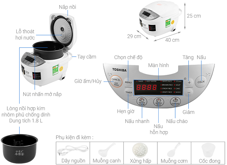 Nồi Cơm Điện Tử Toshiba RC-18DH2PV(W) (1.8 Lít) - Hàng chính hãng