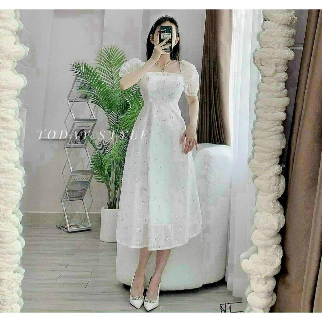 Đầm xoè voan hoa cổ vuông tay phồng